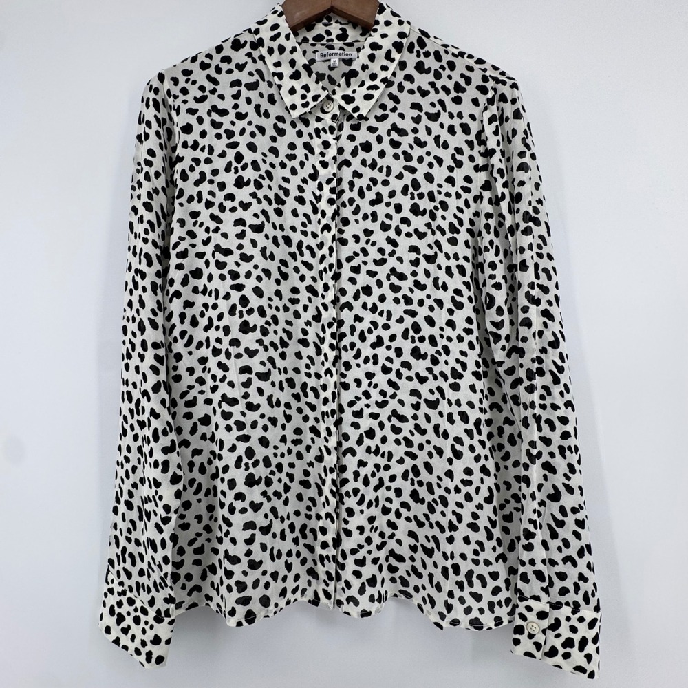 Reformation Blouse Women Medium White Black Animal Leopard Spots Long Sleeve